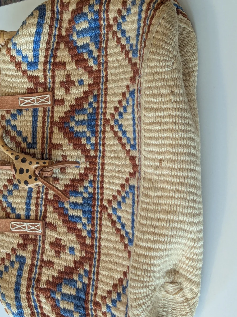 Woven Aztec-Pattern Tote Bag in Natural, Brown & Blue